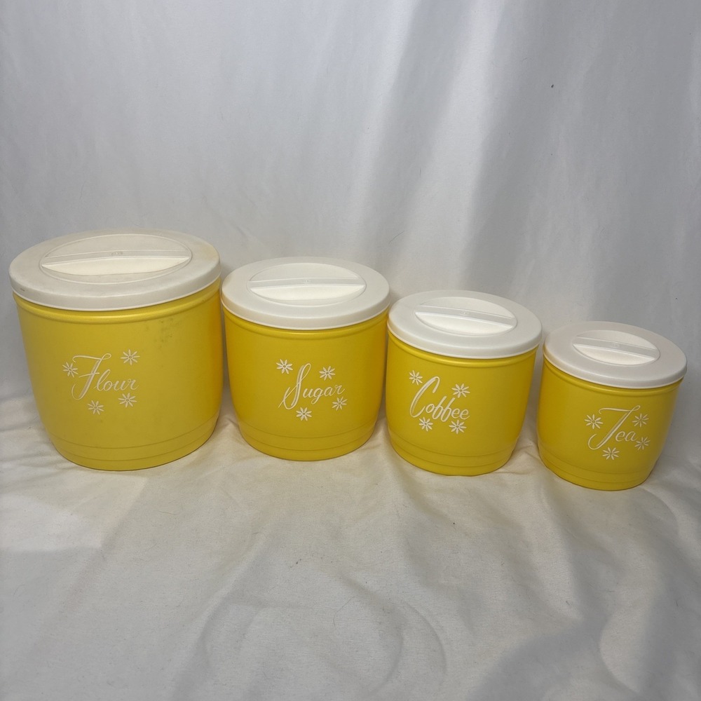 Vtg 1950s Stanley Atomic Plastic Canister Set Yellow Nesting MCM 4Pc Retro Sugar